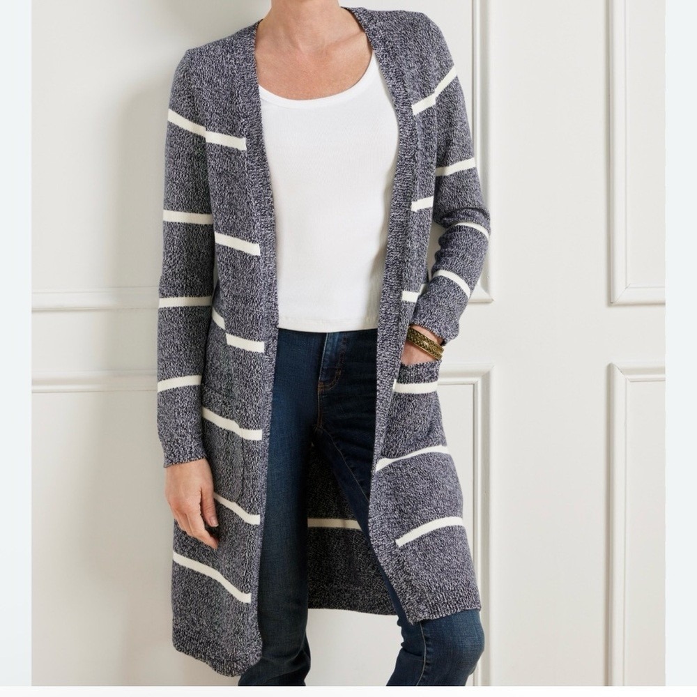 Talbots Striped Open Front Cardigan Sweater Women SP Navy White Cotton Longline